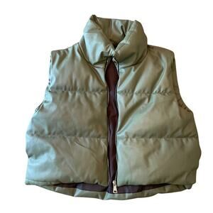 Rising Cropped Puffer Vest Size Medium Faux Leather Olive Green Zip-Up (T)